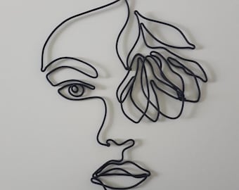 Visage femme en fil aluminium, décoration murale, fil de fer, métal, contemporain, visage, abstrait, face, art mural, sculpture