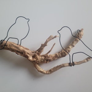 2 wire birds on driftwood, wall decoration, driftwood, nature