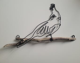 oiseau crète en fil de fer sur bois flotté, decoration murale, bois flotté, nature