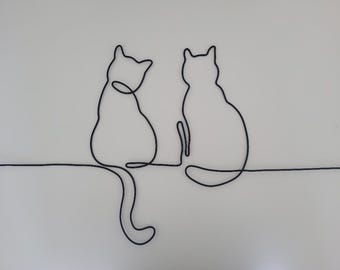 2 Chats en fil de fer, nature, stylisé, décoration murale, abstrait, animaux, cat