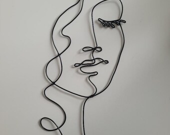 Visage femme en fil aluminium, décoration murale, fil de fer, métal, contemporain, visage, abstrait, face, art mural, sculpture