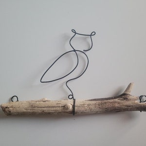 Wire owl on driftwood, wall decoration, bird