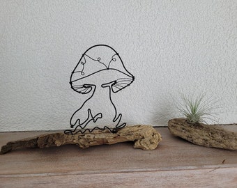 Champignon en fil de fer sur bois flotté,  nature, stylisé, fleur, cadeau, décoration intérieure, décoration murale