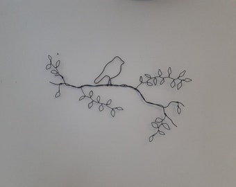 1 oiseau sur une branche , fil de fer, aluminium, nature, contemporain, oiseau, décoration murale