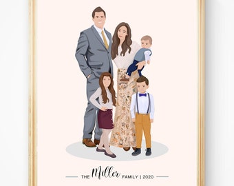 Custom Family Portrait illustration 5 persons Anniversary Gift Portrait Illustration Gift For Family Drawing Personalized Gift