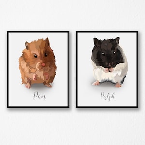 Gepersonaliseerde set van 2 prints hamster - portret hamster - portretillustratie digitaal huisdier portret hamster cadeau, huisdier memorial dierenliefhebber