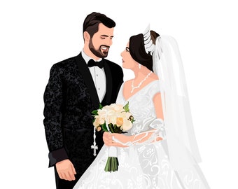 Op de afbeelding: Een bruid en bruidegom staan samen, de bruid in een witte kanten jurk met een sluier en de bruidegom in een zwart pak. De bruid houdt een boeket witte bloemen vast. De tekst "Denis & Seleviya 24/1/2020" staat onder het paar.