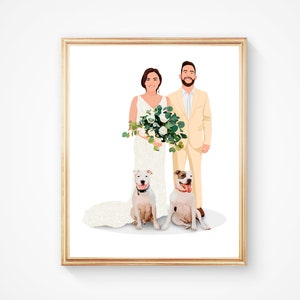 Wedding Couple Portrait With Pets - Personalized Drawing Portrait From Photo - Custom Wedding Gift illustration Couple Portrait