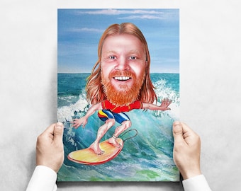 May include: A caricature painting of a person with a red beard and red shirt surfing on a yellow surfboard in blue water.