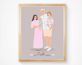 May include: A framed illustration of a family of four. The parents are standing with their two children. The father is holding a baby in his arms, and the mother is holding a young girl. The family is standing in front of a light purple background. The frame is gold and has a floral design around the bottom. The text "The Smith Family" is written below the illustration.