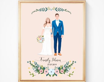Op de afbeelding: Een huwelijksillustratie van een stel in een witte jurk en een blauw pak, met een bloemenkrans en de tekst "Family Johnson 27.07.2019".