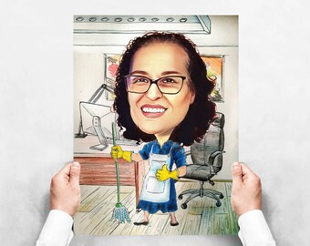 Hotel Chambermaid Gift - Custom Caricature Portrait From Photo - cleaning lady gift