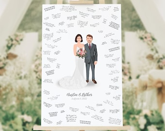 May include: A white wedding guest book with a cartoon illustration of a bride and groom. The book is filled with handwritten messages and the text "Austin & Esther August 13, 2022".