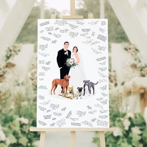 Сustom Guest Book Alternative - Couple Portrait with 4 Pets - Personalized Wedding Illustration, Digital Portrait, Wedding Guest Book Gift