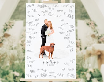 May include: A white wedding guest book with a cartoon illustration of a bride and groom with a dog. The text "The Wise's 31.07.2022" is printed at the bottom of the book.