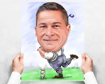 Golfer Gift - Custom Caricature Portrait From Your Photo - Golf Player Gift - Golf Cartoon - Golf Gifts For Men - Golfing Golf Club Decor