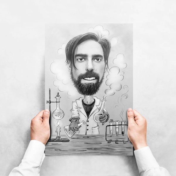 Scheikunde leraar Gift - Aangepaste karikatuur portret van foto - Scheikunde student - chemicus gift - chemie gift potlood karikatuur