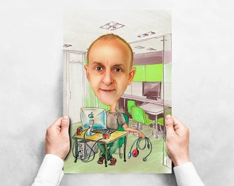 Peut inclure: Un dessin de caricature d'une personne assise à un bureau dans un environnement de bureau. La personne a une grosse tête et porte une chemise verte. Le bureau a un ordinateur, un clavier et une souris. Il y a des plantes vertes en arrière-plan.