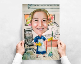Hotel Chambermaid Gift - Custom Caricature Portrait From Photo - cleaning lady gift - maid portrait gift