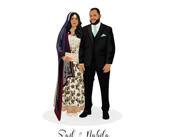 Könnte beinhalten: Ein Hochzeitsbild eines Paares, die Frau trägt ein traditionelles indisches Outfit mit Blumenmuster und einen blauen Schal, der Mann trägt einen schwarzen Anzug mit einer hellblauen Krawatte. Der Text "Saif & Nabila 2022" befindet sich unter dem Paar.