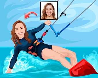 Kitesurfer Gift - Custom Portrait from Photo - Kitesurfing gift - Kitesurf art - Kite surfer - Kite surfing - Kiteboarding