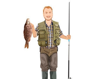 Fisherman Gift Idea Fisherman Gift Funny Fishing Gifts For Men Fisherman Art Custom Cartoon Portrait from Photo Angler Gift Idea