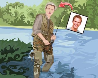 Fisherman Gift Idea - Fisherman Gift - Funny Fishing Gifts For Men - Fisherman Art - Custom Cartoon Portrait from Photo