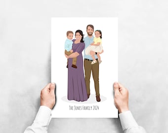 Ilustración de retrato familiar personalizado 4 personas - Retrato de regalo de aniversario - Regalo de ilustración para la familia - Dibujo de regalo personalizado