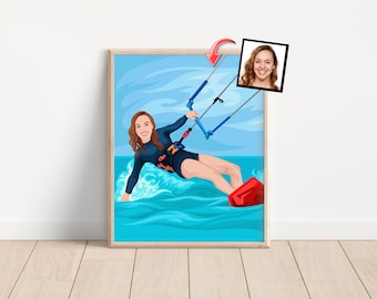 Kitesurfer Gift - Custom Portrait from Photo - Kitesurfing gift - Kitesurf art - Kite surfer - Kite surfing - Kiteboarding