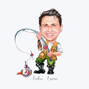 Funny Fishing Gifts For Men Fisherman Art Fisherman Gift Idea Fisherman Gift Custom Cartoon Portrait from Photo Angler Gift Idea