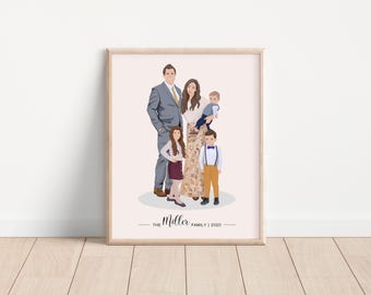 Ilustración de retrato familiar personalizado para 5 personas. Regalo de aniversario. Ilustración de retrato. Regalo para dibujo familiar. Regalo personalizado.