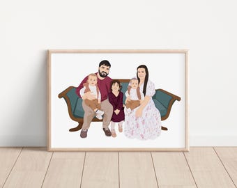 Ilustración de retrato familiar personalizado - 5 personas - Ilustración de retrato de regalo de aniversario - Regalo para dibujo familiar Regalo personalizado