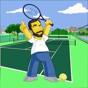 Custom Tennis Portrait from Photo as Yellow Cartoon Character - Yellow Portrait For Gift Tennis Player Gift Idea - Tennis Coach Gift