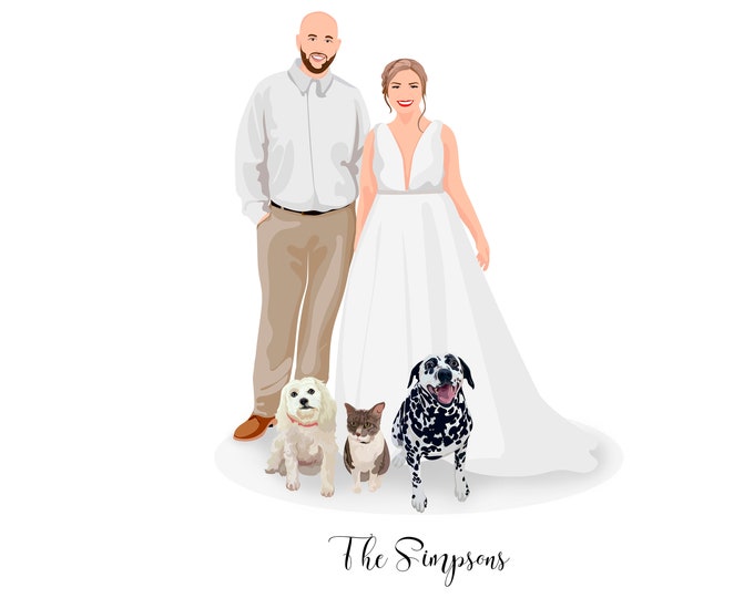 Custom Wedding Family Portrait - Illustration Family Personalized Couple Portrait With Pets Family Gift Ideas Mothers Day Gift