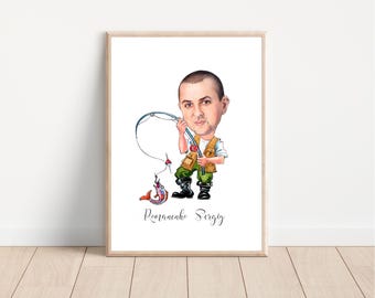Funny Fishing Gifts For Men Fisherman Art Fisherman Gift Idea Fisherman Gift Custom Cartoon Portrait from Photo Angler Gift Idea