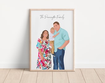Ilustración de retrato familiar personalizado para 3 personas - Retrato de regalo de aniversario - Ilustración de regalo para familia - Dibujo de regalo personalizado
