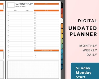 May include: A digital planner with a weekly layout for Wednesday, March. The planner has sections for "Plan", "Done", "To Do", and "I am grateful for". The planner also includes a monthly calendar with tabs for each month of the year. The planner is designed for Sunday and Monday start weeks.