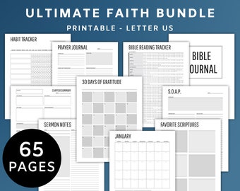 May include: A printable faith bundle with 65 pages, including a habit tracker, prayer journal, bible reading tracker, bible journal, 30 days of gratitude, chapter summary, sermon notes, favorite scriptures, and a monthly calendar. The bundle is designed to help people grow in their faith.