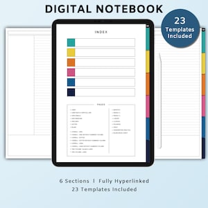 May include: A digital notebook with 23 templates, including lined, grid, dotted, and Cornell note pages. The notebook is fully hyperlinked and has an index for easy navigation.