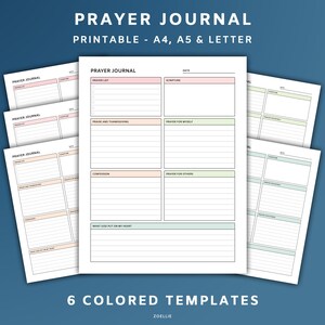 May include: Printable prayer journal templates in six different colors. Each template includes sections for prayer list, scripture, praise and thanksgiving, prayer for myself, confession, prayer for others, and what God put on my heart.