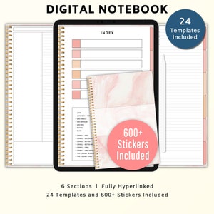 Digital Notebook, Portrait, Pink, 6 Tabs, Goodnotes, Notability and Xodo, notebook, bullet journal