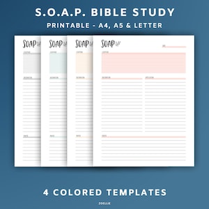 Peut inclure: Quatre modèles imprimables d'étude biblique SOAP dans différentes couleurs : beige, bleu clair, crème et rose. Chaque modèle comprend des sections pour les Écritures, l'observation, l'application et la prière.
