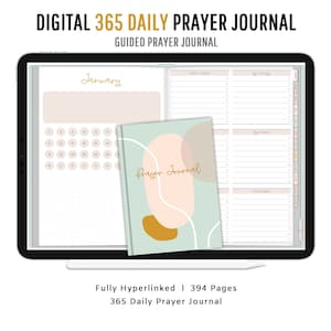 Pode incluir: Um di&aacute;rio de ora&ccedil;&atilde;o digital com um design abstrato verde, rosa e dourado. O di&aacute;rio tem 394 p&aacute;ginas e &eacute; totalmente hiperligado. O texto na capa diz "Prayer Journal".