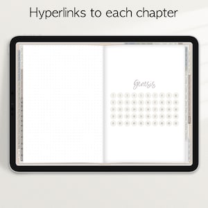 Op de afbeelding: Een witte tablet met een zwarte rand die een digitale planner weergeeft met een pagina voor Genesis. De pagina bevat een lijst met hoofdstukken 1 tot en met 50.