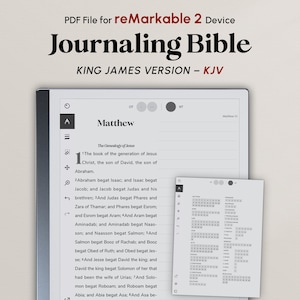 May include: A digital journaling Bible for the reMarkable 2 device. The image shows the King James Version (KJV) of Matthew, with a calendar view. The text is displayed on a tablet-like device, with a clean, minimalist design.