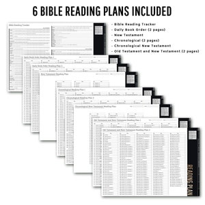 May include: A set of six printable Bible reading plans, including a Bible reading tracker, daily book order, New Testament, chronological, chronological New Testament, and Old Testament and New Testament plans.