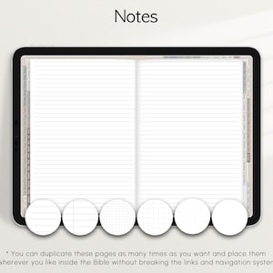 Op de afbeelding: Een digitale planner met een witte achtergrond en gelinieerde pagina's. De planner heeft verschillende paginastijlen, waaronder gelinieerd, raster en stippenraster. De tekst "Notes" staat bovenaan de pagina. De tekst "U kunt deze pagina's zo vaak dupliceren als u wilt en ze overal in de Bijbel plaatsen zonder de links en het navigatiesysteem te verbreken" staat onderaan de pagina.
