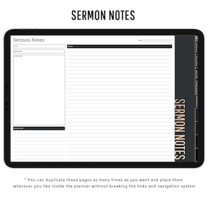 May include: A digital planner page with the title "Sermon Notes" and fields for title, preacher, scripture, notes, and reflection. The page is designed for taking notes during a sermon.