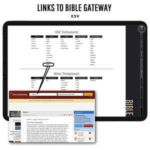 May include: A screenshot of a tablet displaying the Bible Gateway website. The website is open to the book of Esther, chapter 1, in the English Standard Version (ESV). The website has a search bar and a list of books of the Bible organized by Old and New Testament.