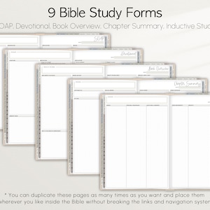 Op de afbeelding: Negen printbare Bijbelstudieformulieren met de titels: SOAP, Devotional, Book Overview, Chapter Summary en Inductive Study. Elk formulier heeft een rasterindeling met lijnen om op te schrijven.